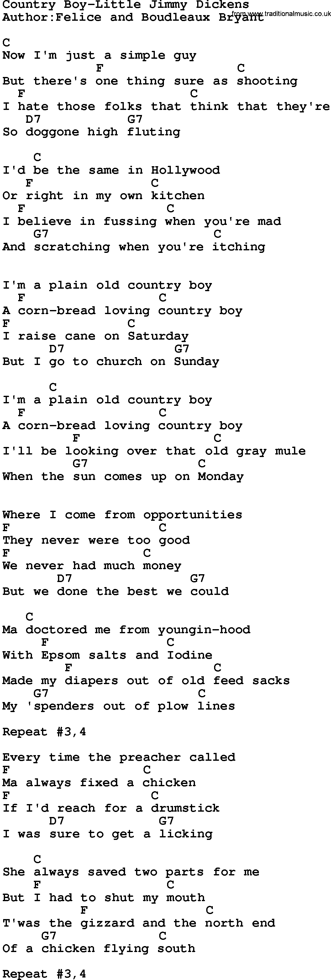 Country music song: Country Boy-Little Jimmy Dickens lyrics and chords