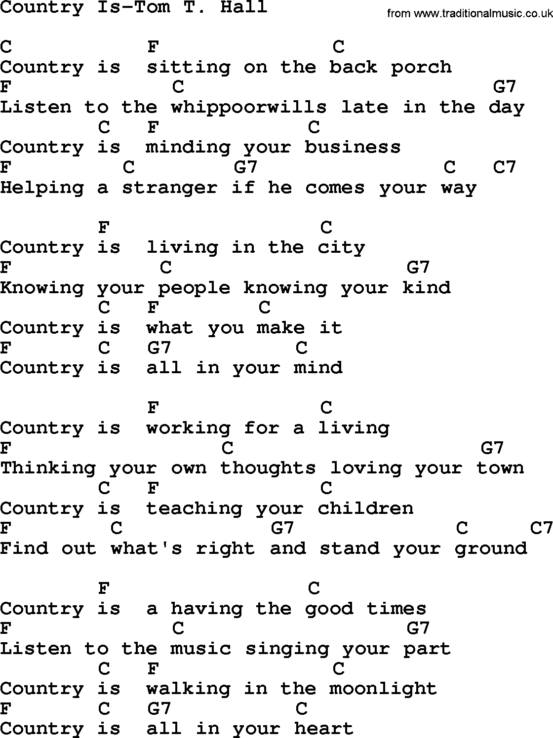 Country music song: Country Is-Tom T Hall lyrics and chords