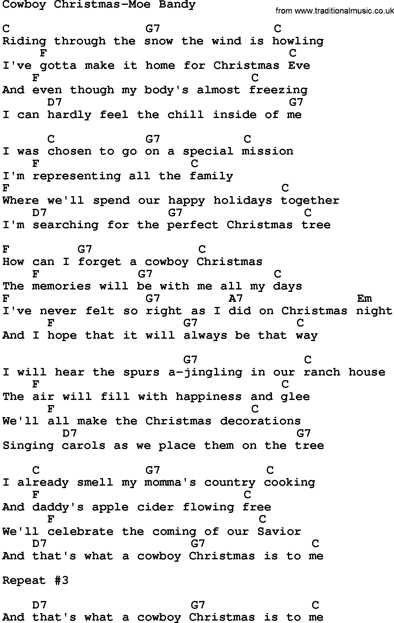 Country music song: Cowboy Christmas-Moe Bandy lyrics and chords
