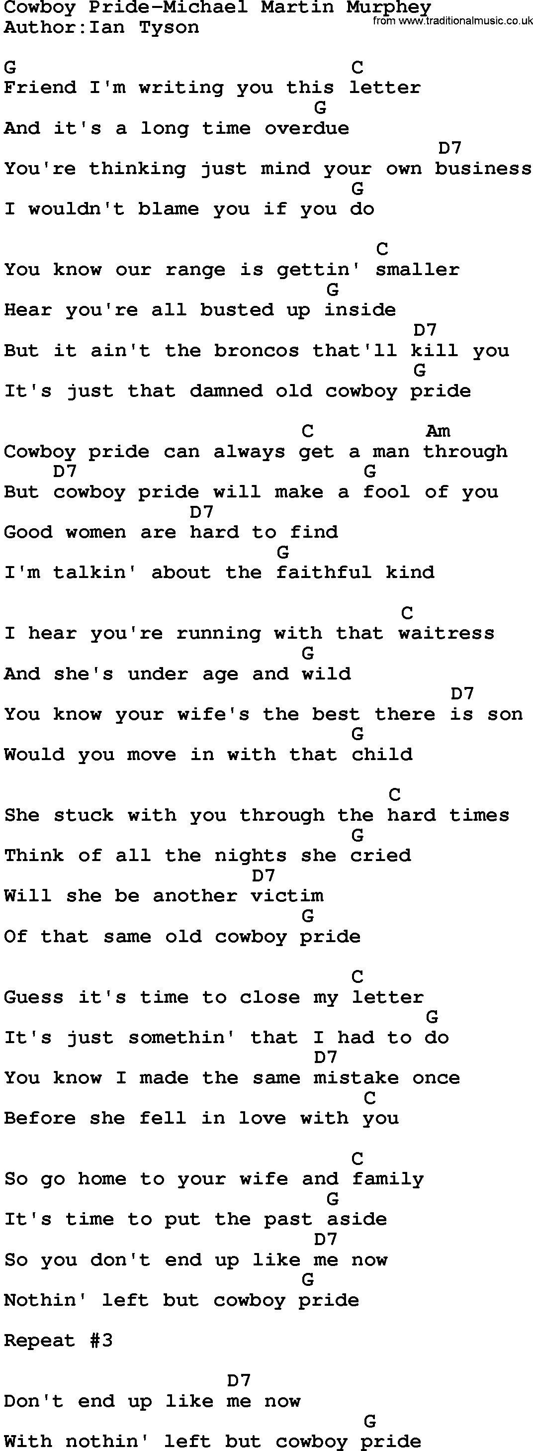 Country music song: Cowboy Pride-Michael Martin Murphey lyrics and chords