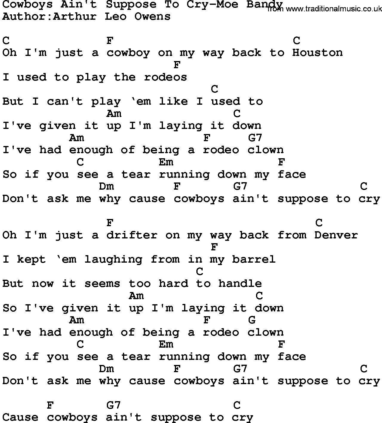 Country music song: Cowboys Ain't Suppose To Cry-Moe Bandy lyrics and chords