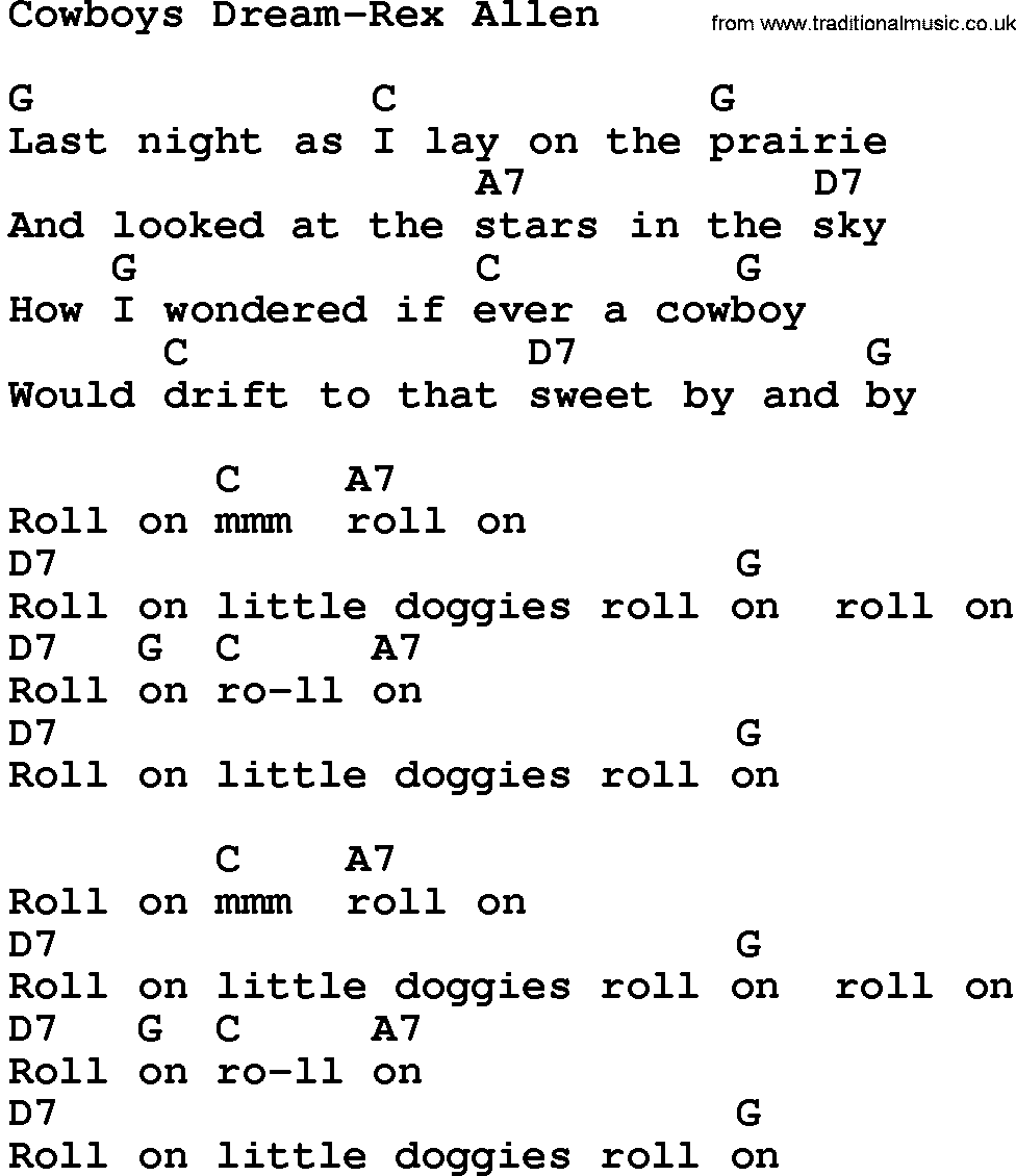 Country music song: Cowboys Dream-Rex Allen lyrics and chords