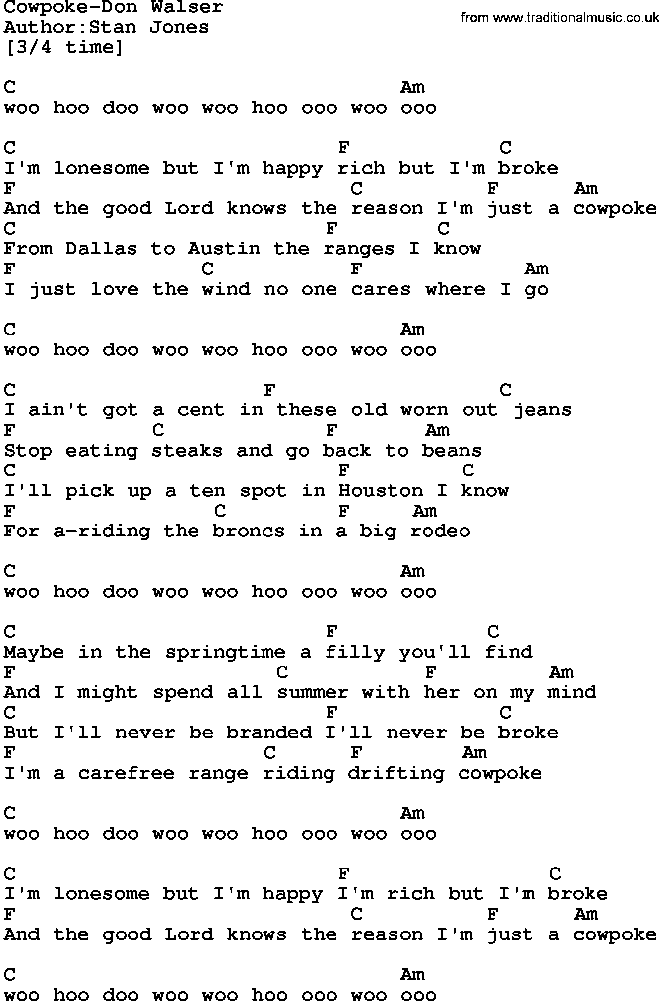 Country music song: Cowpoke-Don Walser lyrics and chords