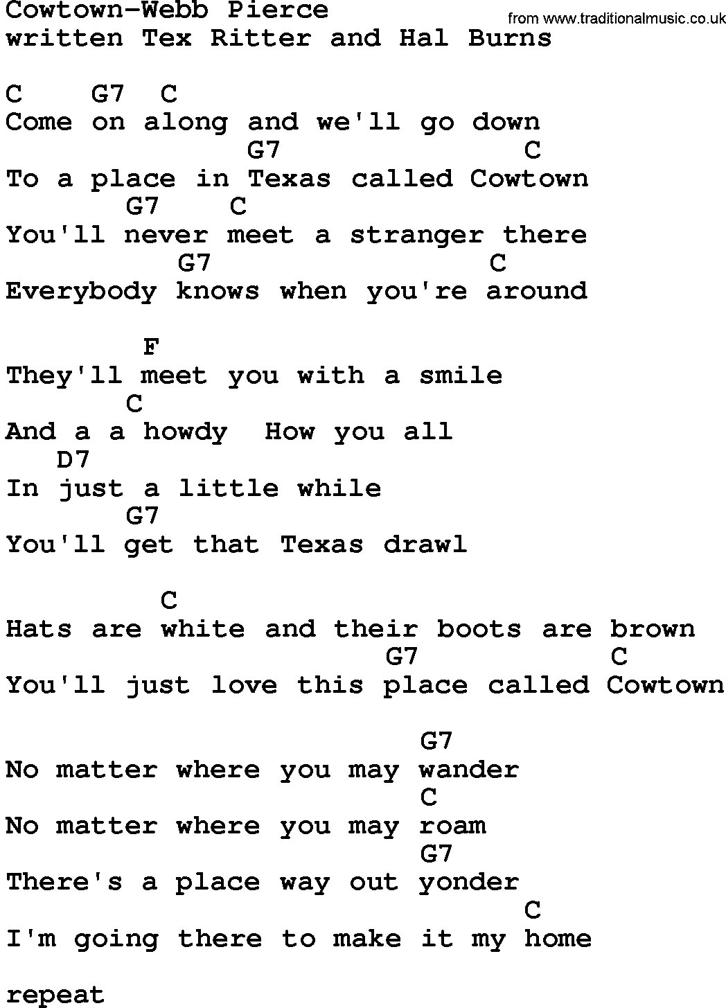 Country music song: Cowtown-Webb Pierce lyrics and chords