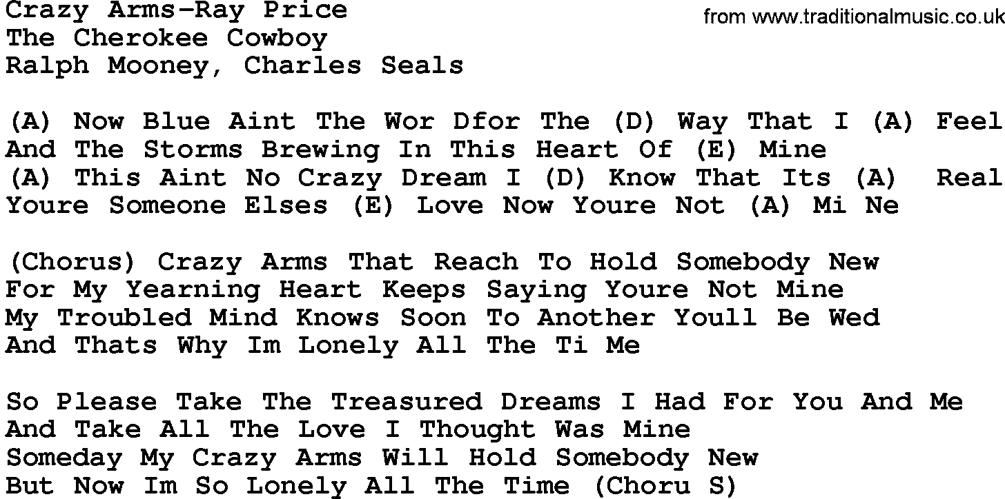 Country music song: Crazy Arms-Ray Price lyrics and chords