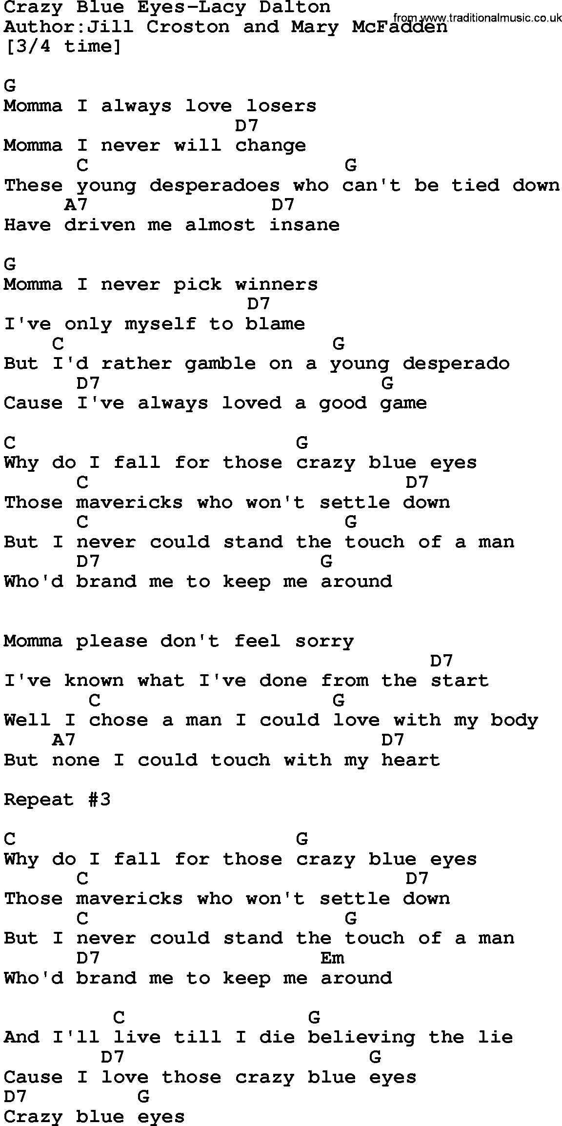 Country music song: Crazy Blue Eyes-Lacy Dalton lyrics and chords