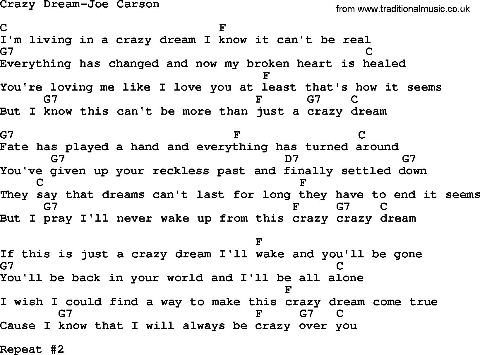 Country music song: Crazy Dream-Joe Carson lyrics and chords