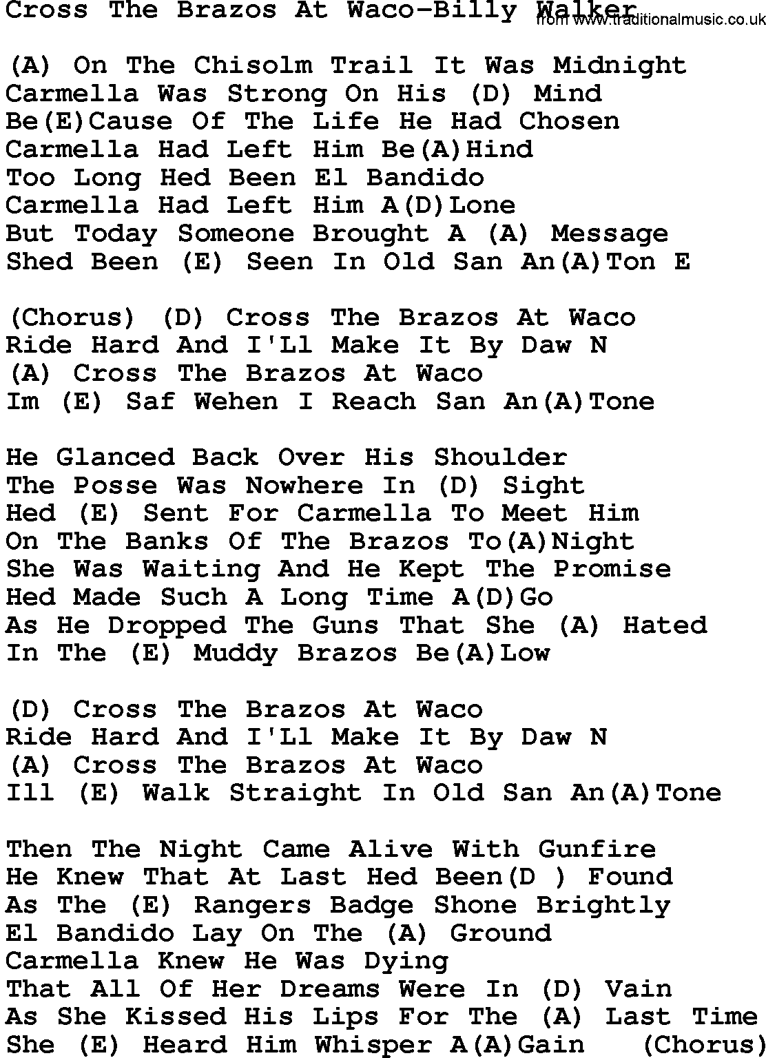 Country music song: Cross The Brazos At Waco-Billy Walker lyrics and chords