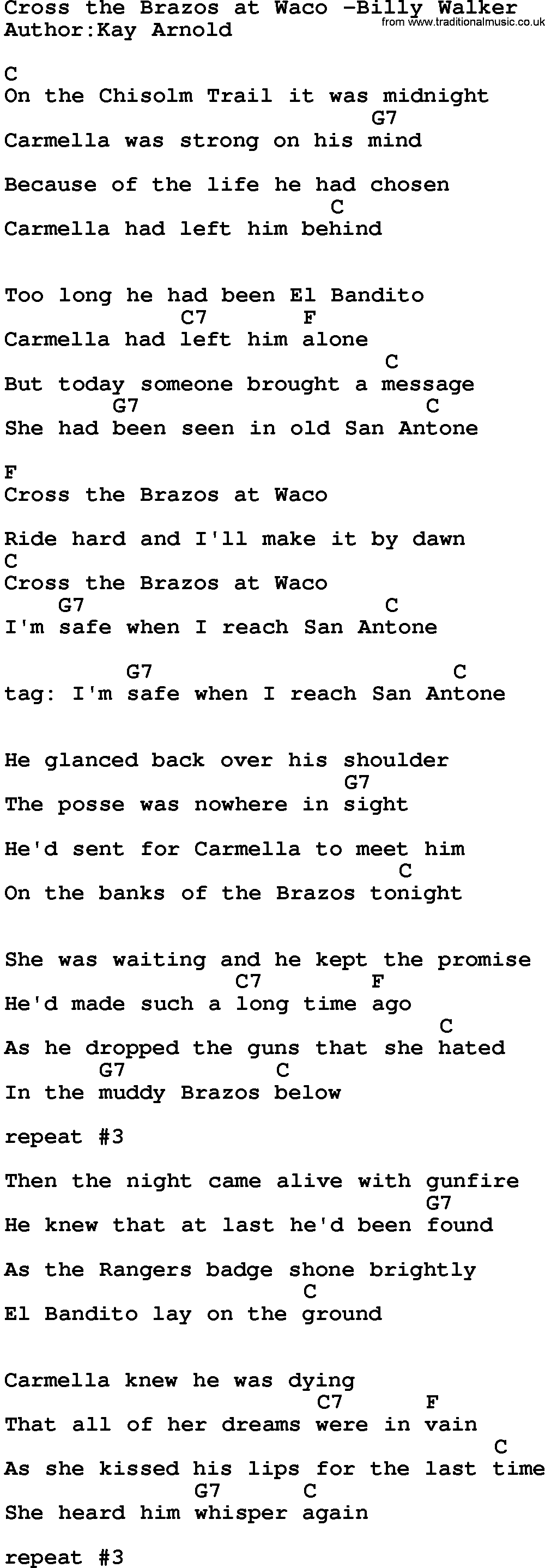 Country music song: Cross The Brazos At Waco -Billy Walker lyrics and chords