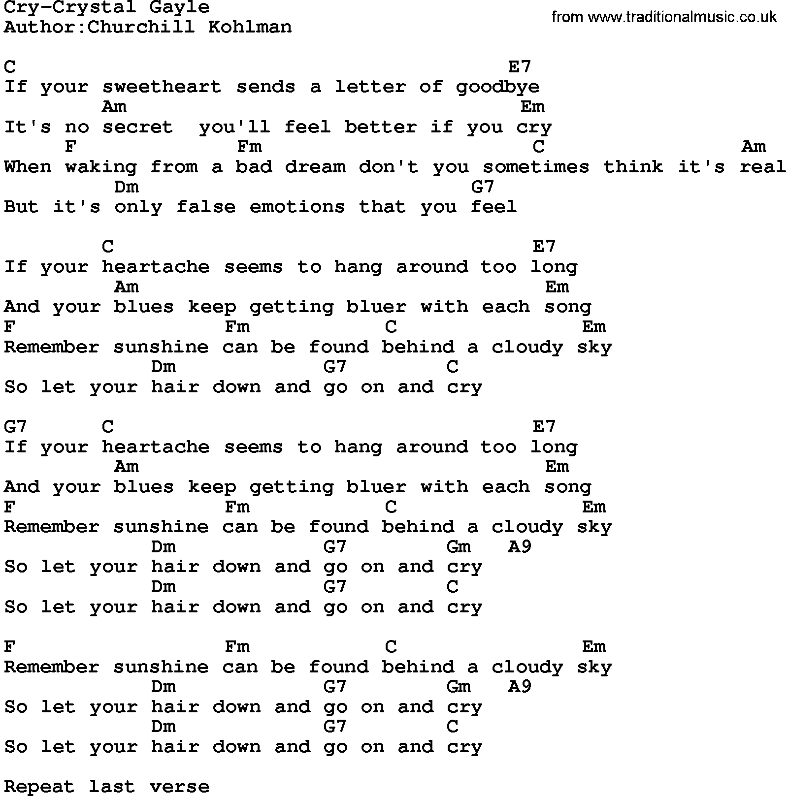 Country music song: Cry-Crystal Gayle lyrics and chords