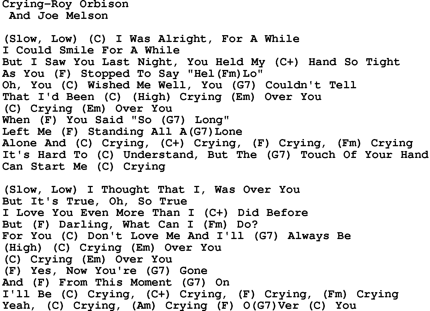 Country music song: Crying-Roy Orbison lyrics and chords