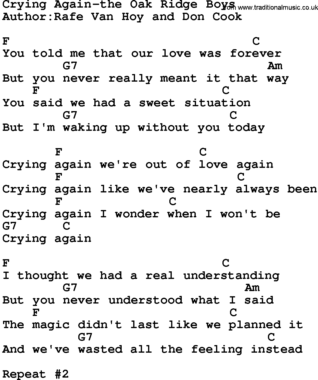 Country music song: Crying Again-The Oak Ridge Boys lyrics and chords