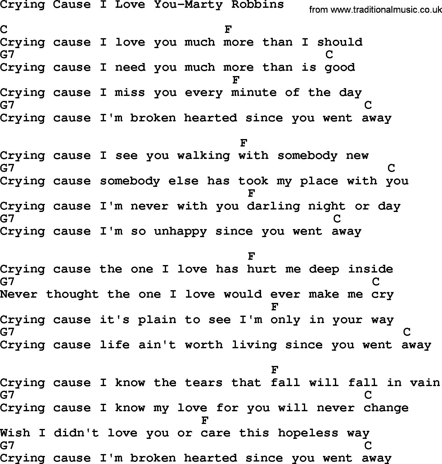 Country music song: Crying Cause I Love You-Marty Robbins lyrics and chords