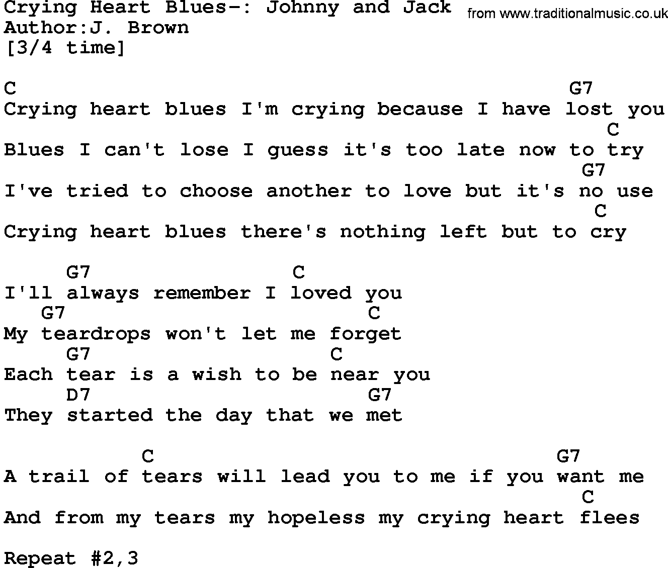 Country music song: Crying Heart Blues-_ Johnny And Jack lyrics and chords