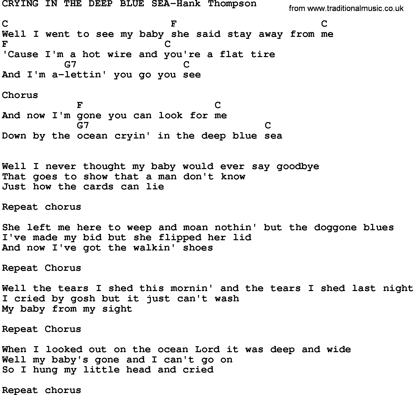 Country music song: Crying In The Deep Blue Sea-Hank Thompson lyrics and chords