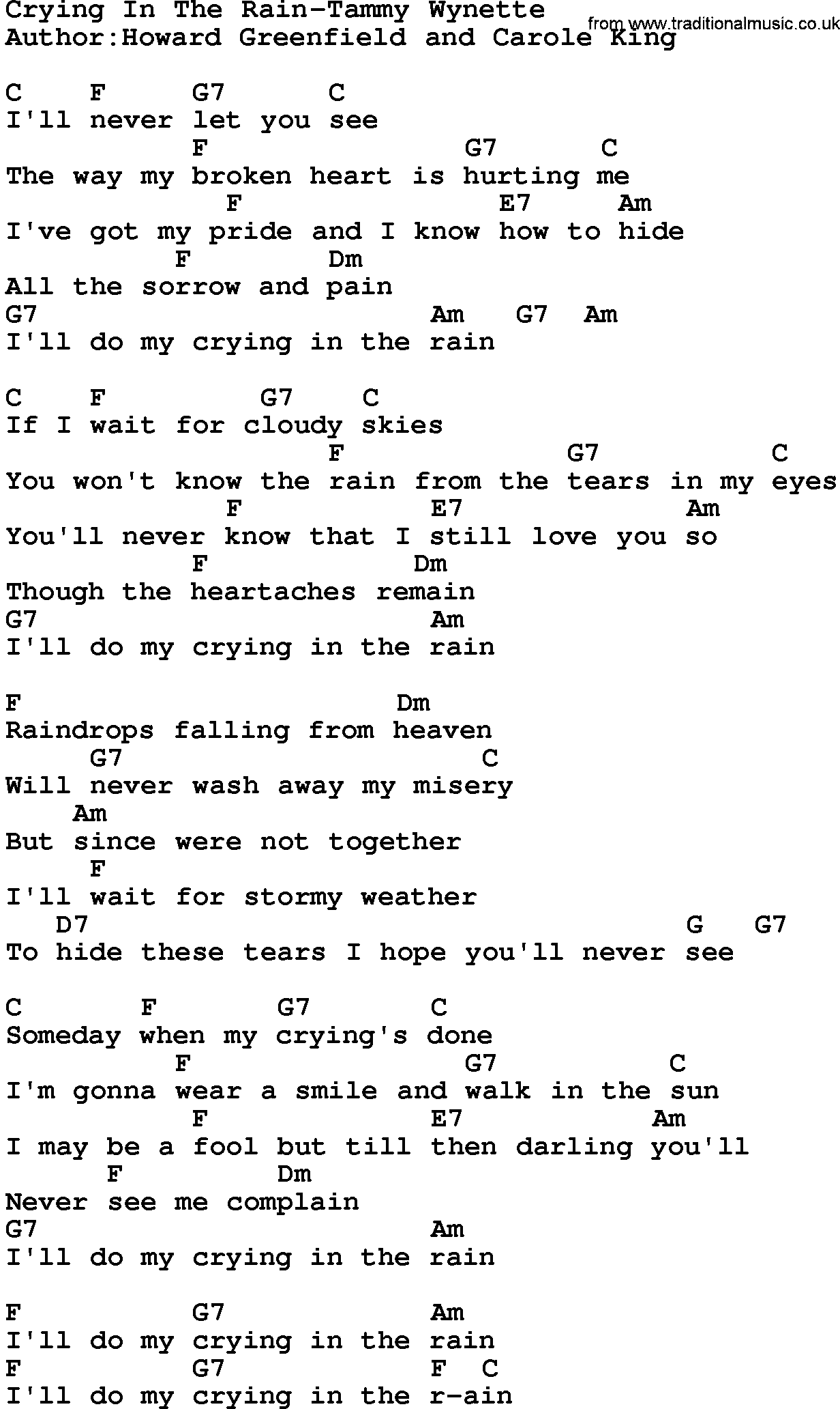 Country music song: Crying In The Rain-Tammy Wynette lyrics and chords
