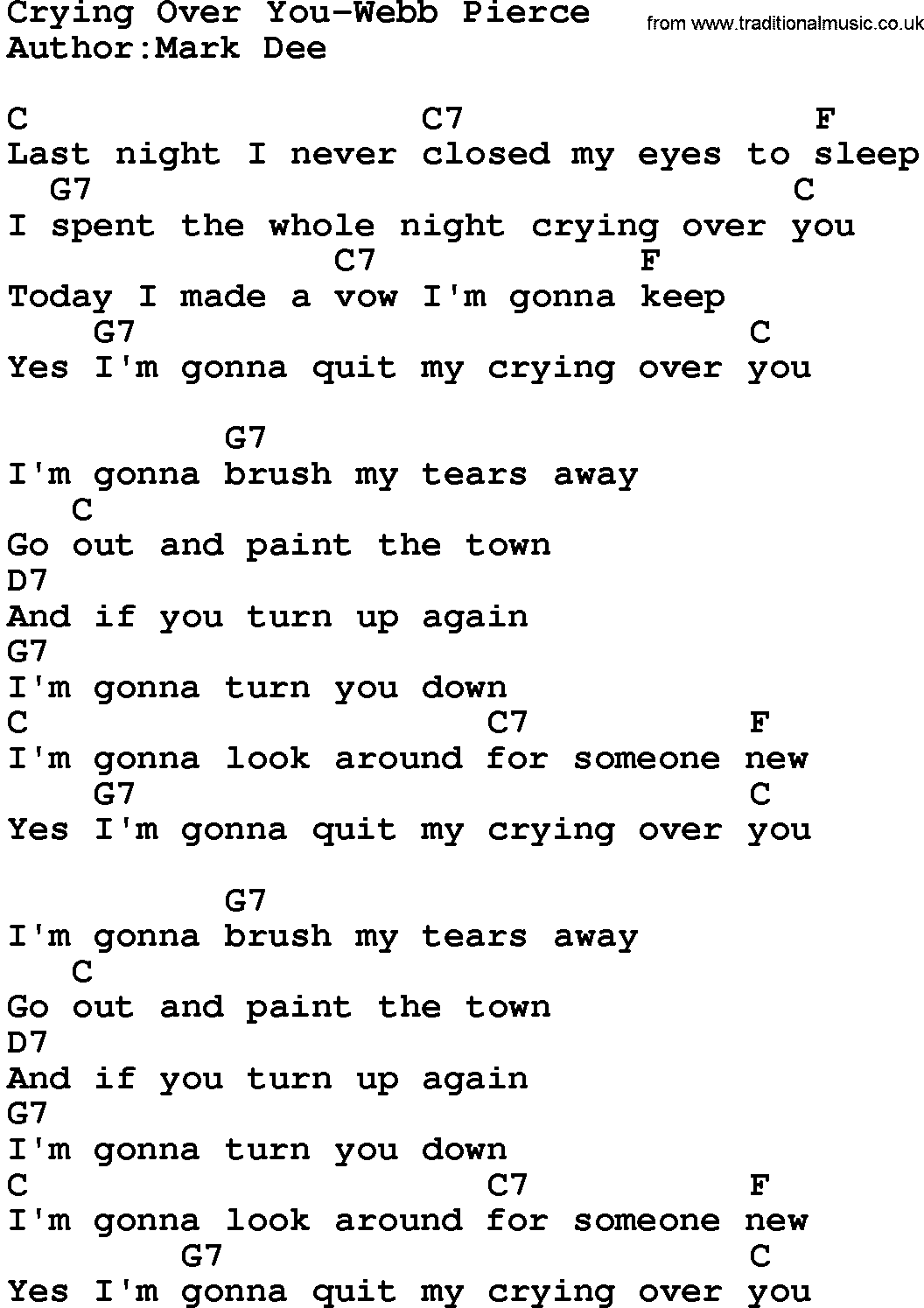 Country music song: Crying Over You-Webb Pierce lyrics and chords