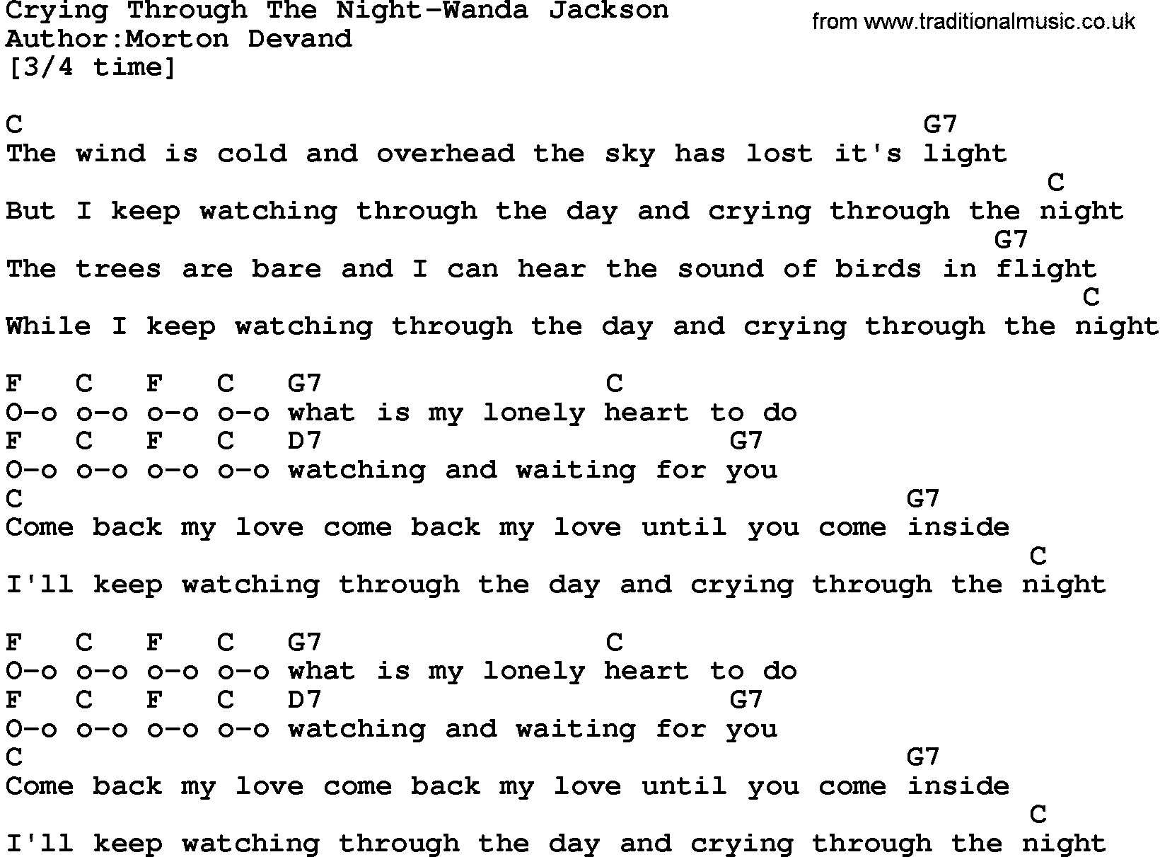 Country music song: Crying Through The Night-Wanda Jackson lyrics and chords
