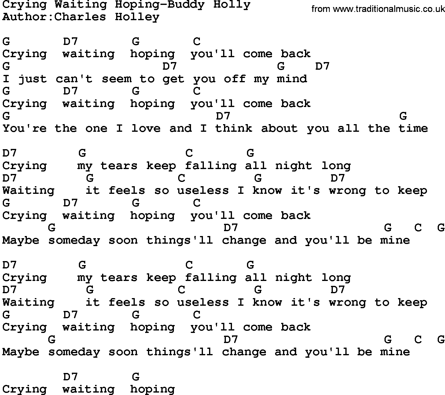 Country music song: Crying Waiting Hoping-Buddy Holly lyrics and chords