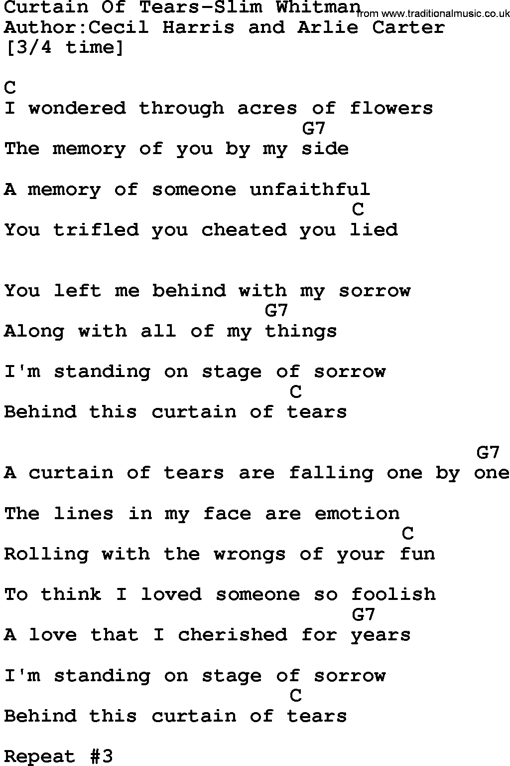 Country music song: Curtain Of Tears-Slim Whitman lyrics and chords