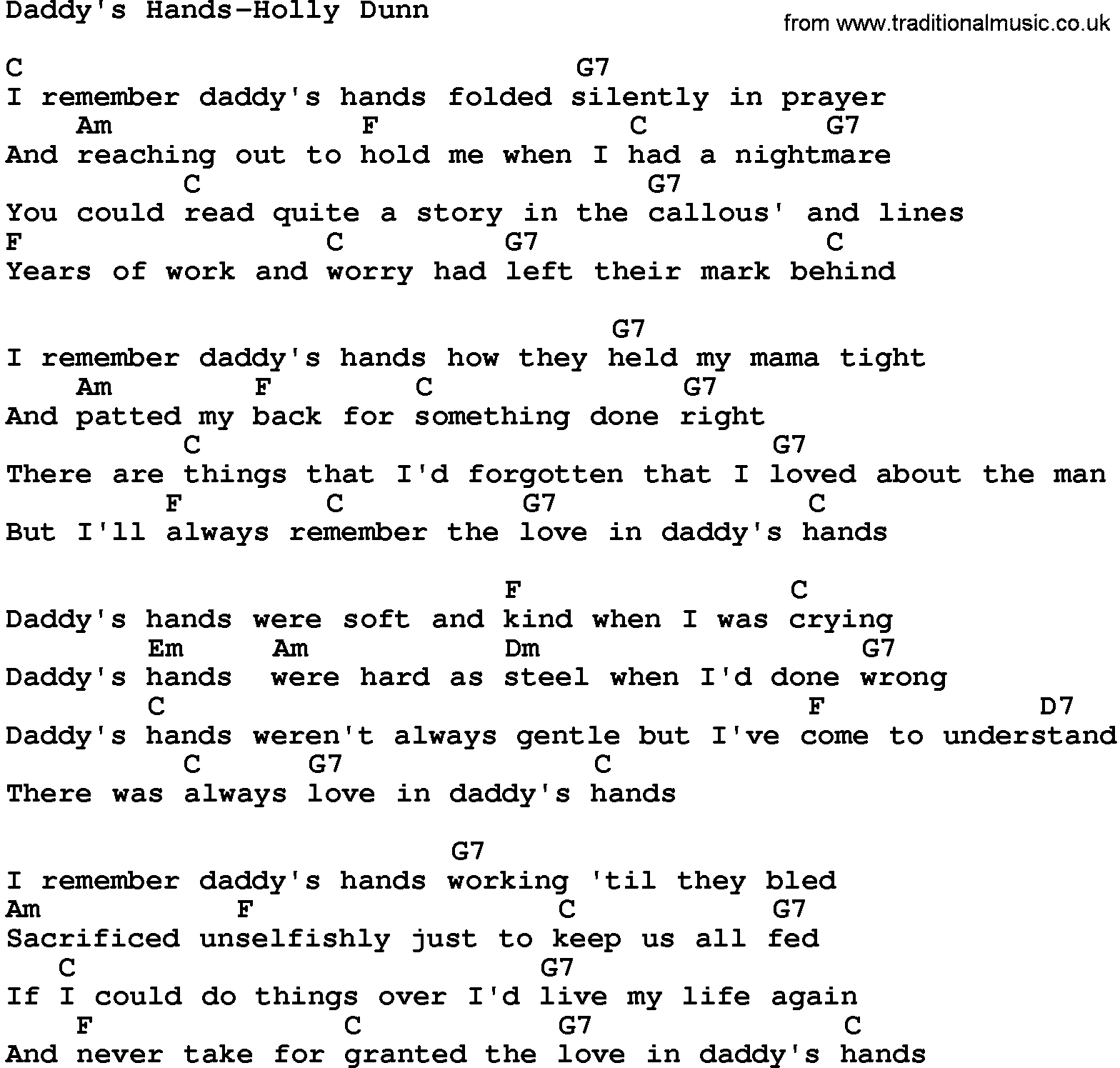 Country music song: Daddy's Hands-Holly Dunn lyrics and chords