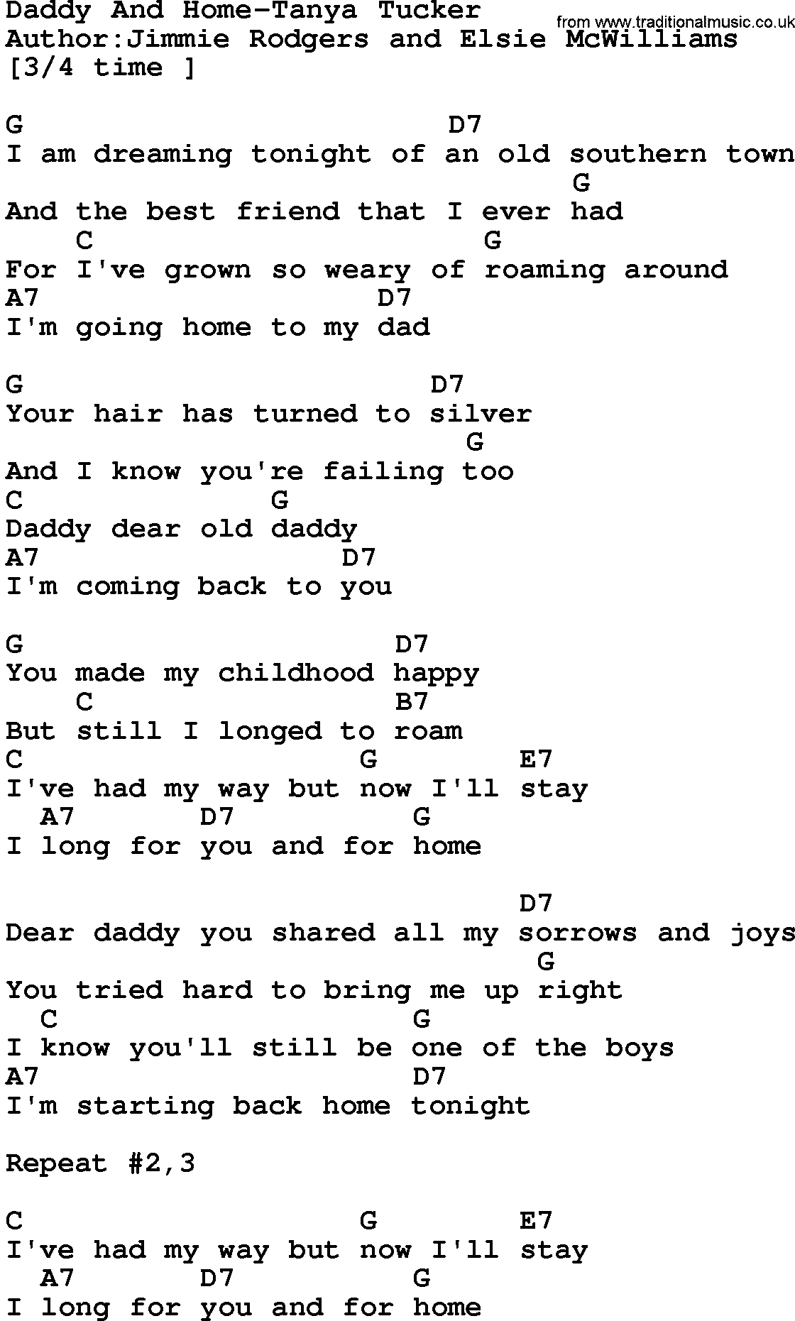 Country music song: Daddy And Home-Tanya Tucker lyrics and chords