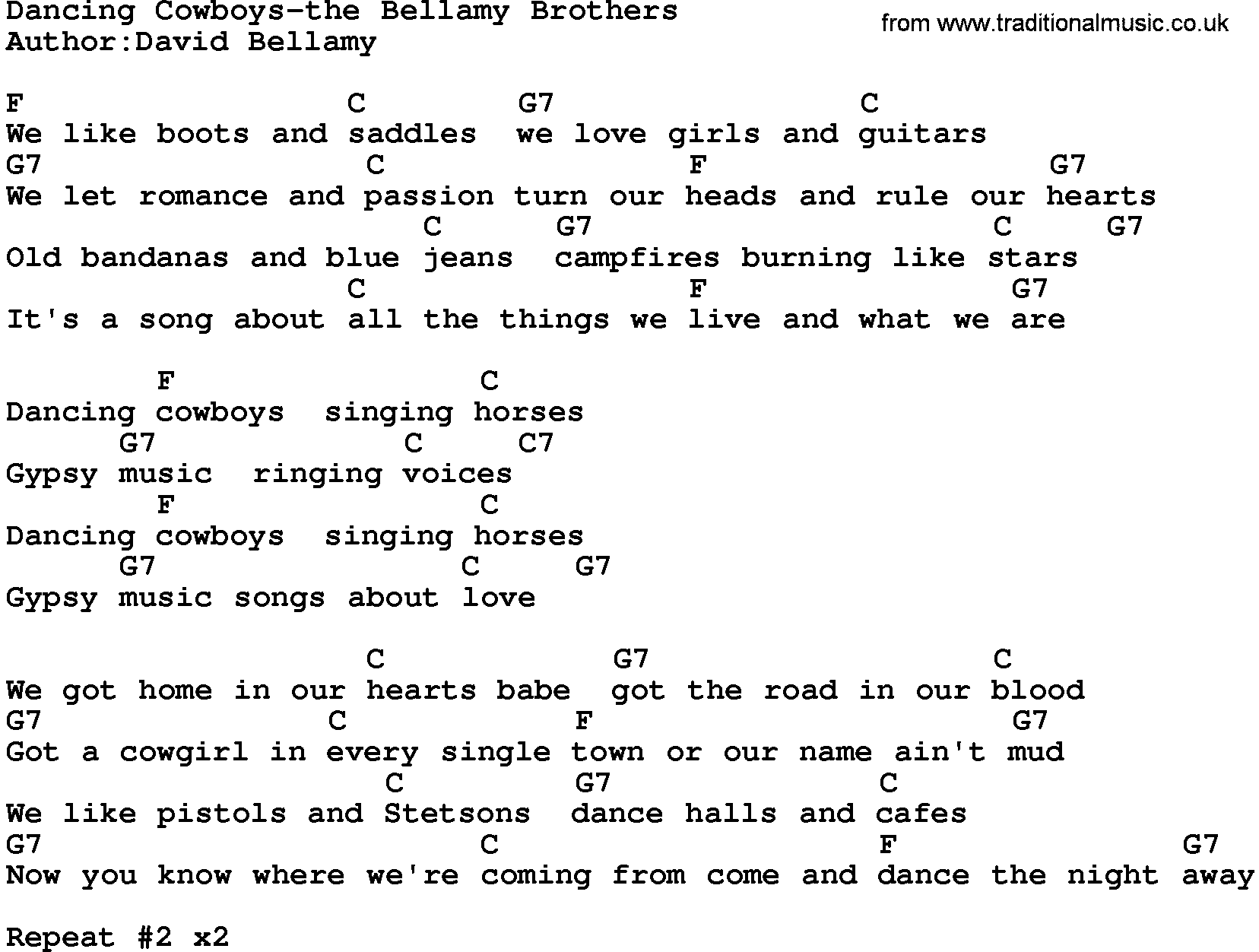 Country music song: Dancing Cowboys-The Bellamy Brothers lyrics and chords