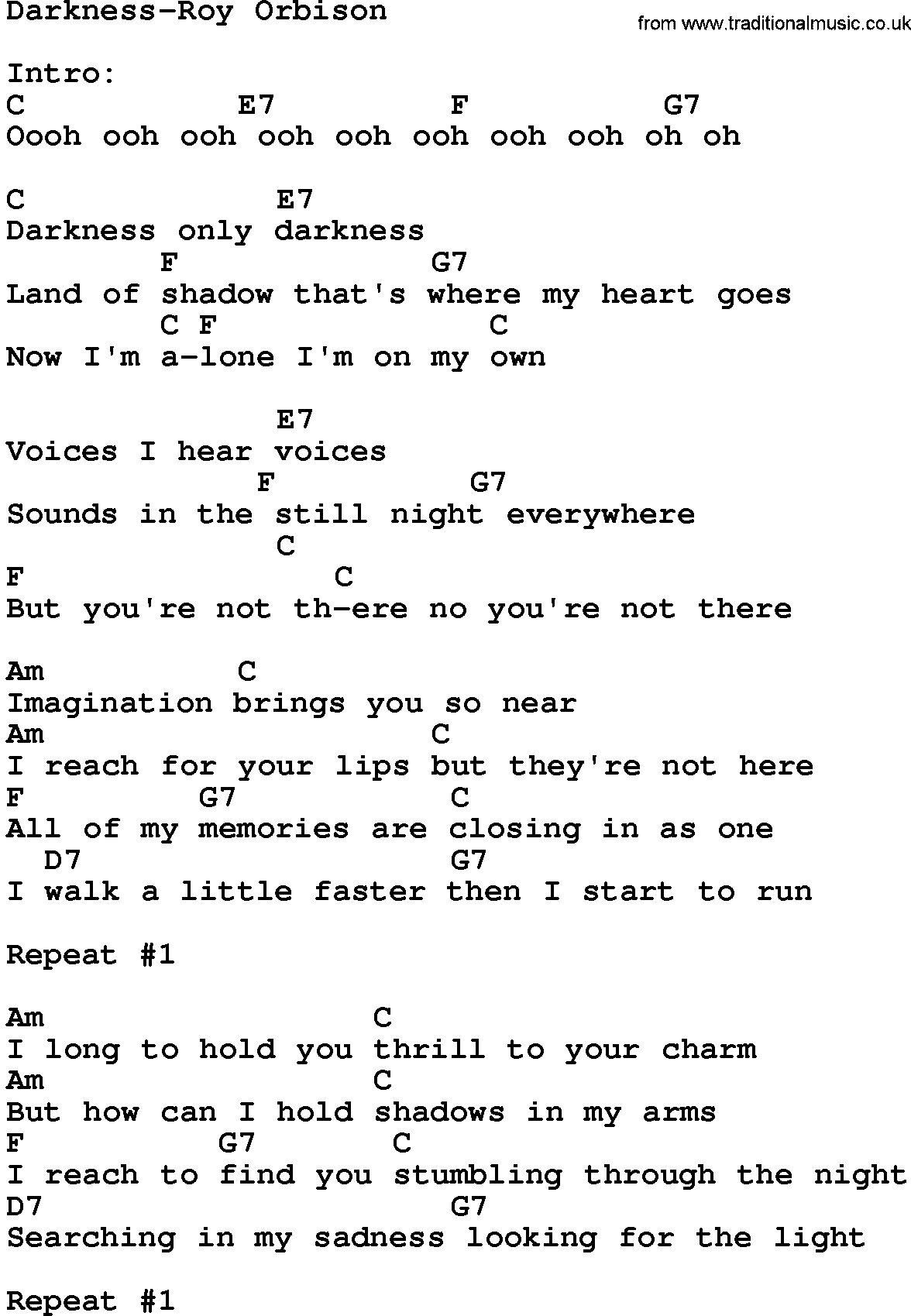 Country music song: Darkness-Roy Orbison lyrics and chords