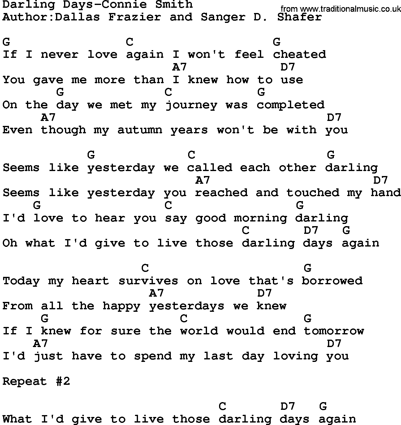 Country music song: Darling Days-Connie Smith lyrics and chords