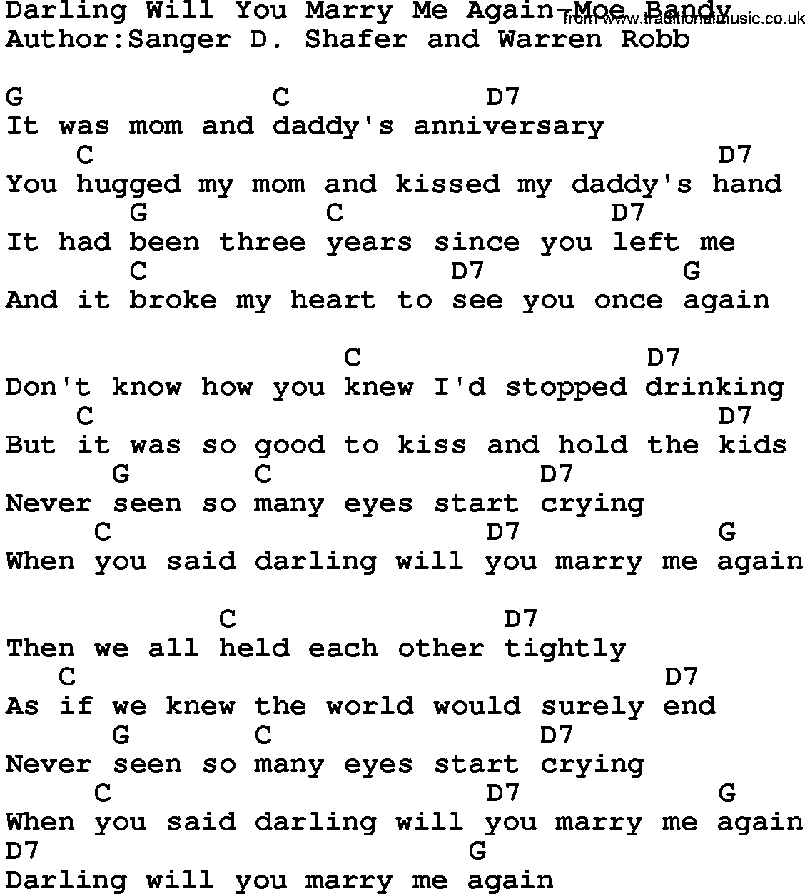 Country music song: Darling Will You Marry Me Again-Moe Bandy lyrics and chords