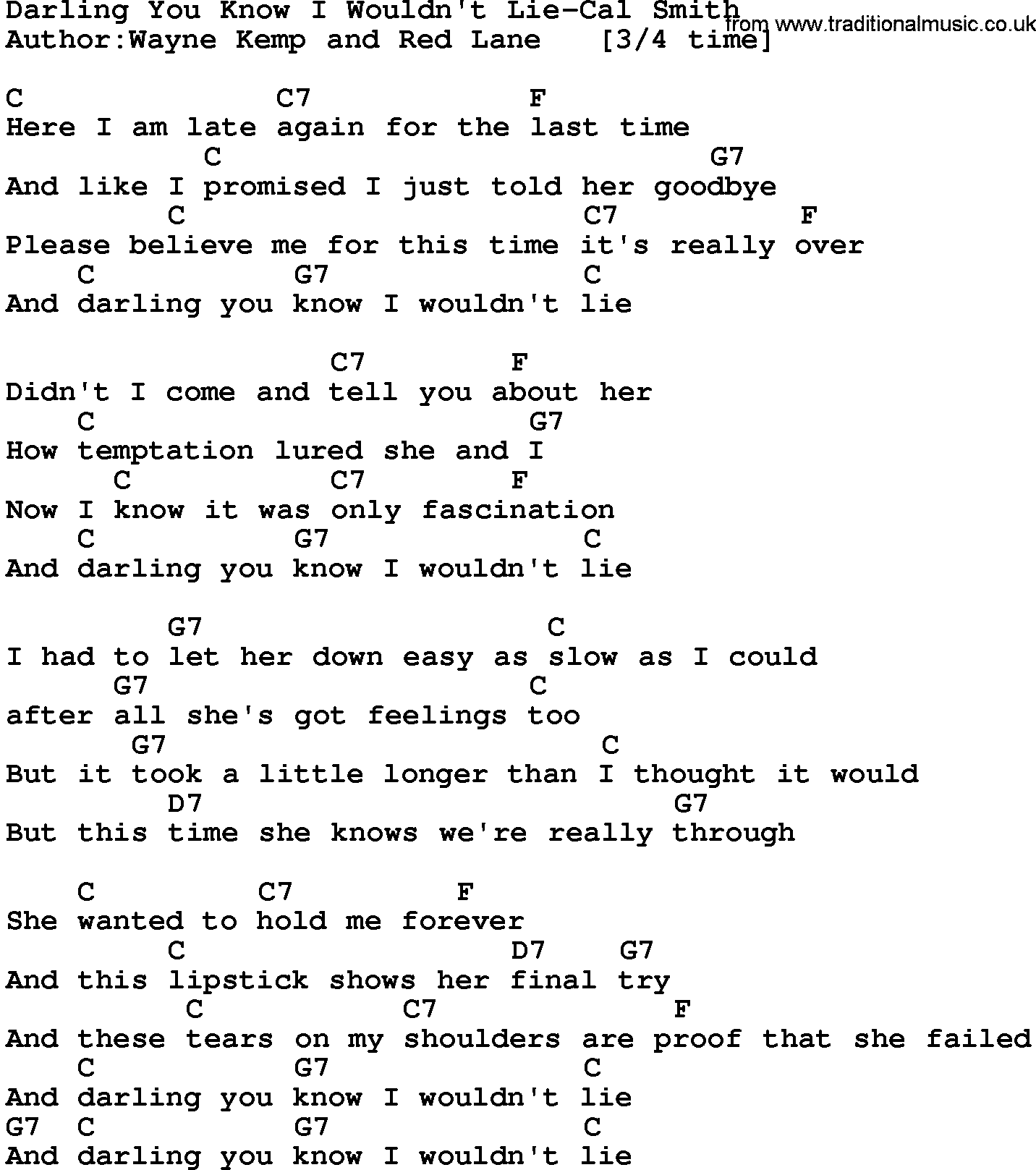 Country music song: Darling You Know I Wouldn't Lie-Cal Smith lyrics and chords