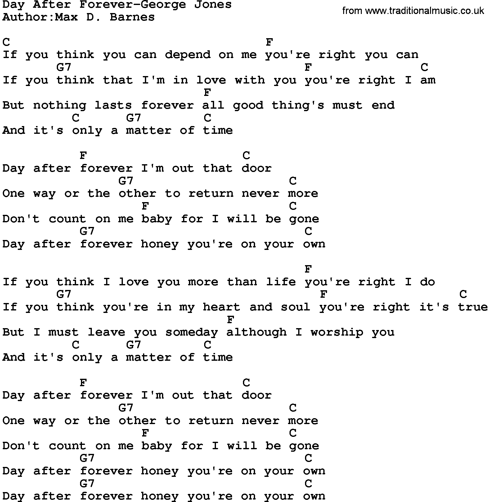 Country music song: Day After Forever-George Jones lyrics and chords