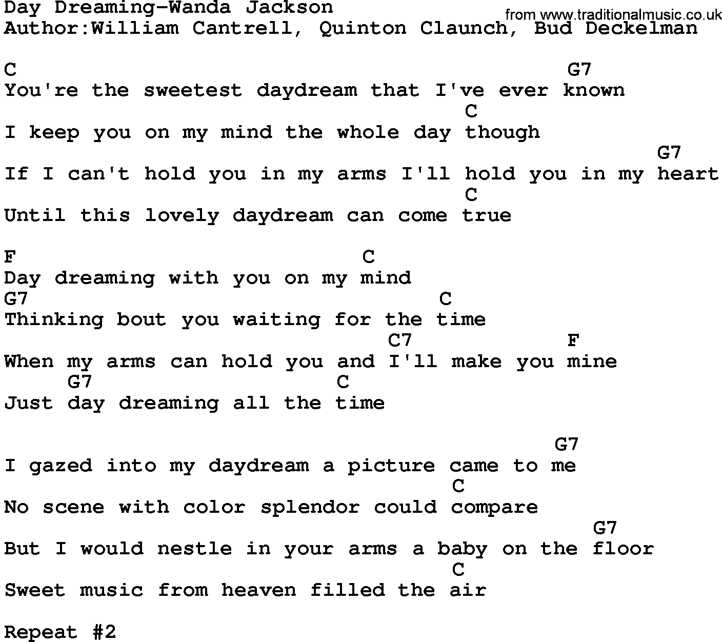 Country music song: Day Dreaming-Wanda Jackson lyrics and chords
