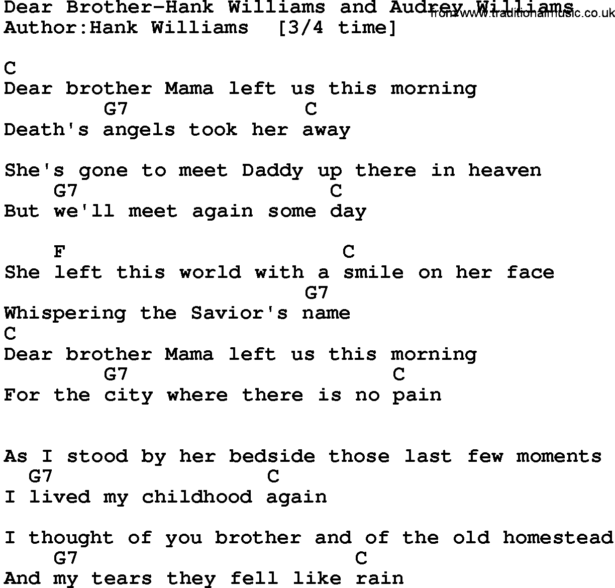 Country music song: Dear Brother-Hank Williams And Audrey Williams lyrics and chords