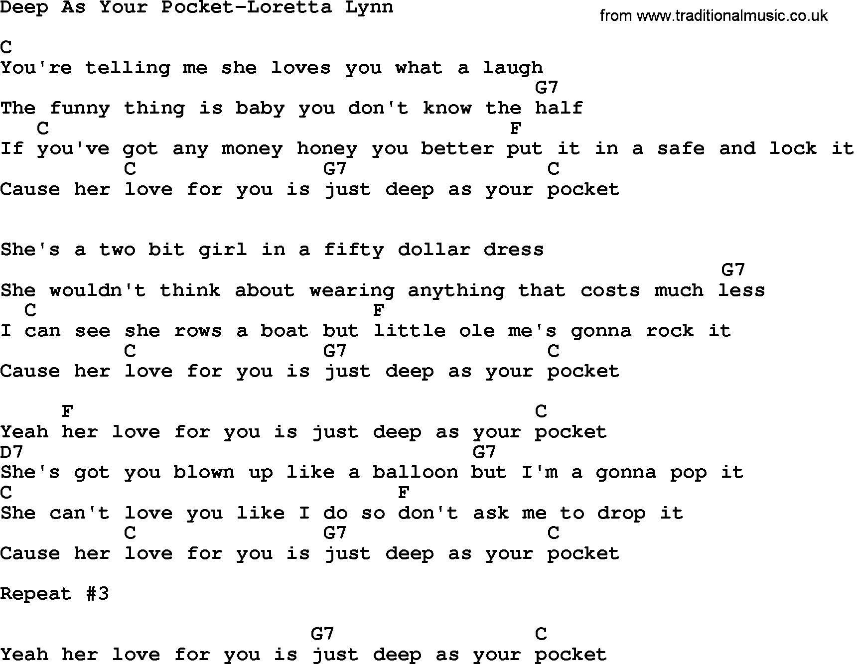 Country music song: Deep As Your Pocket-Loretta Lynn lyrics and chords