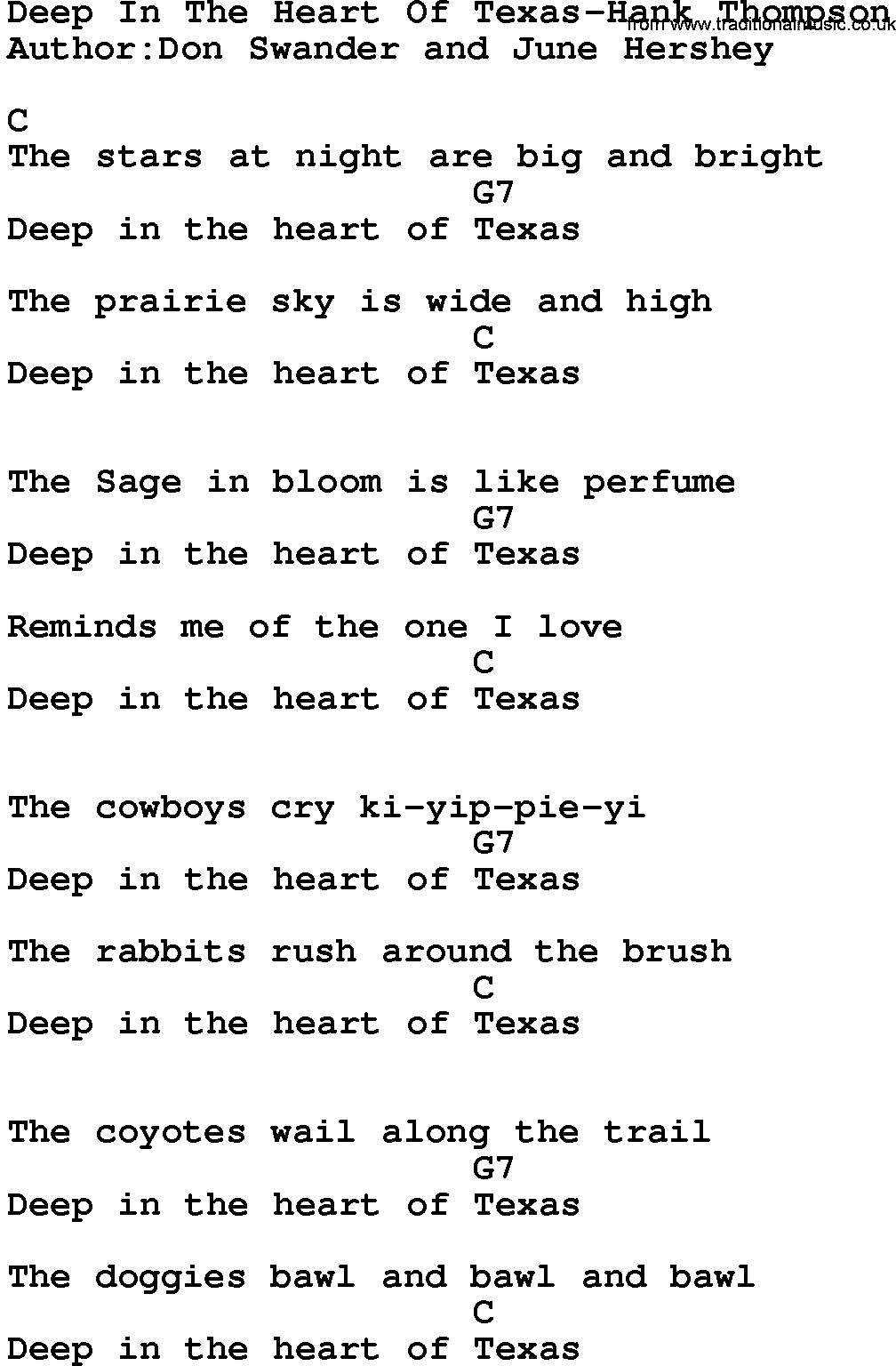 Country music song: Deep In The Heart Of Texas-Hank Thompson lyrics and chords