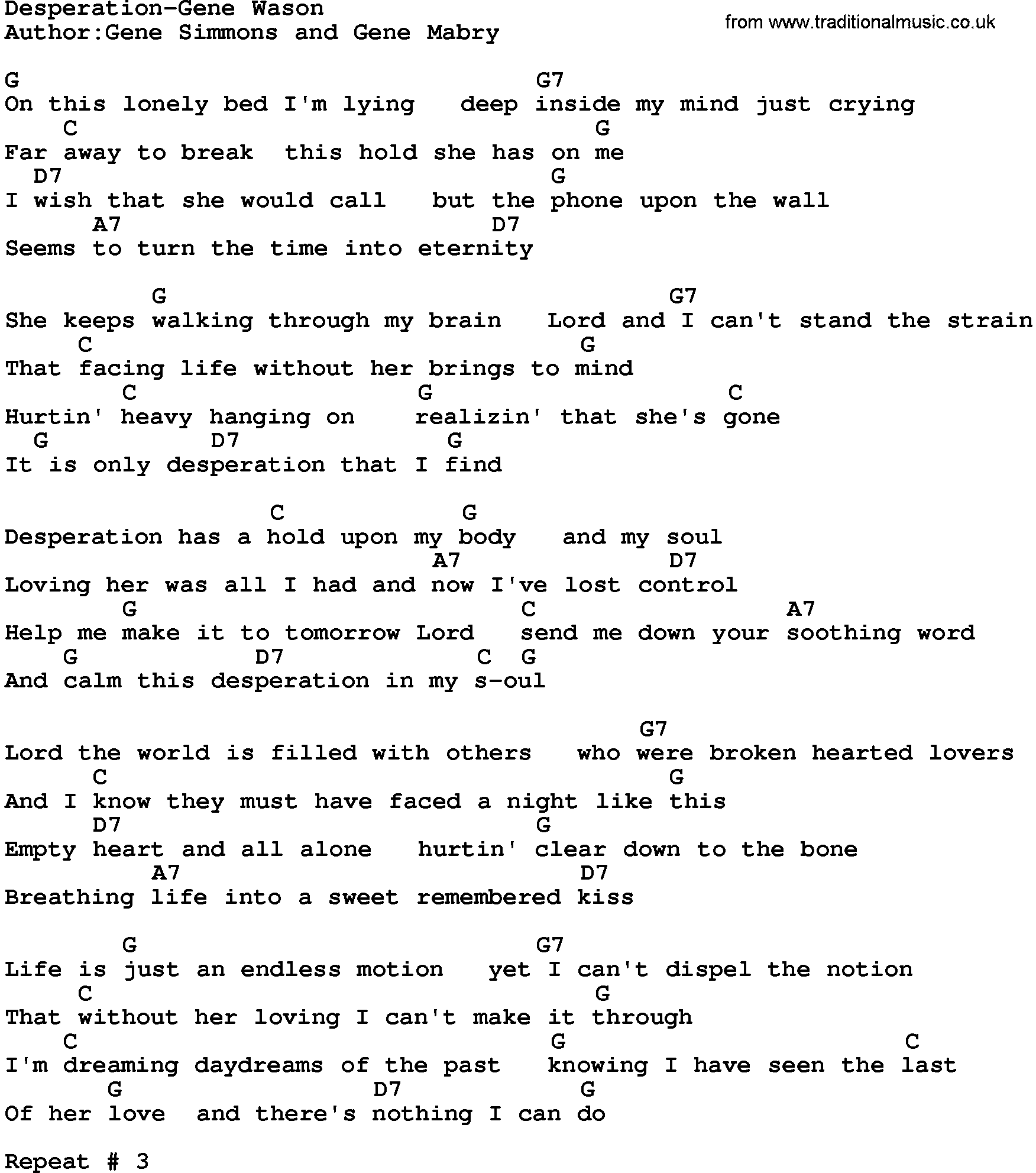 Country music song: Desperation-Gene Wason lyrics and chords