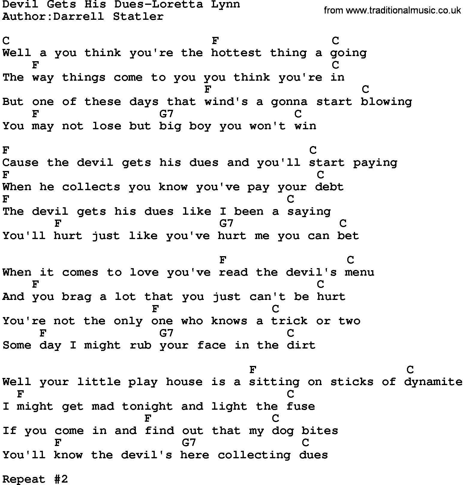 Country music song: Devil Gets His Dues-Loretta Lynn lyrics and chords