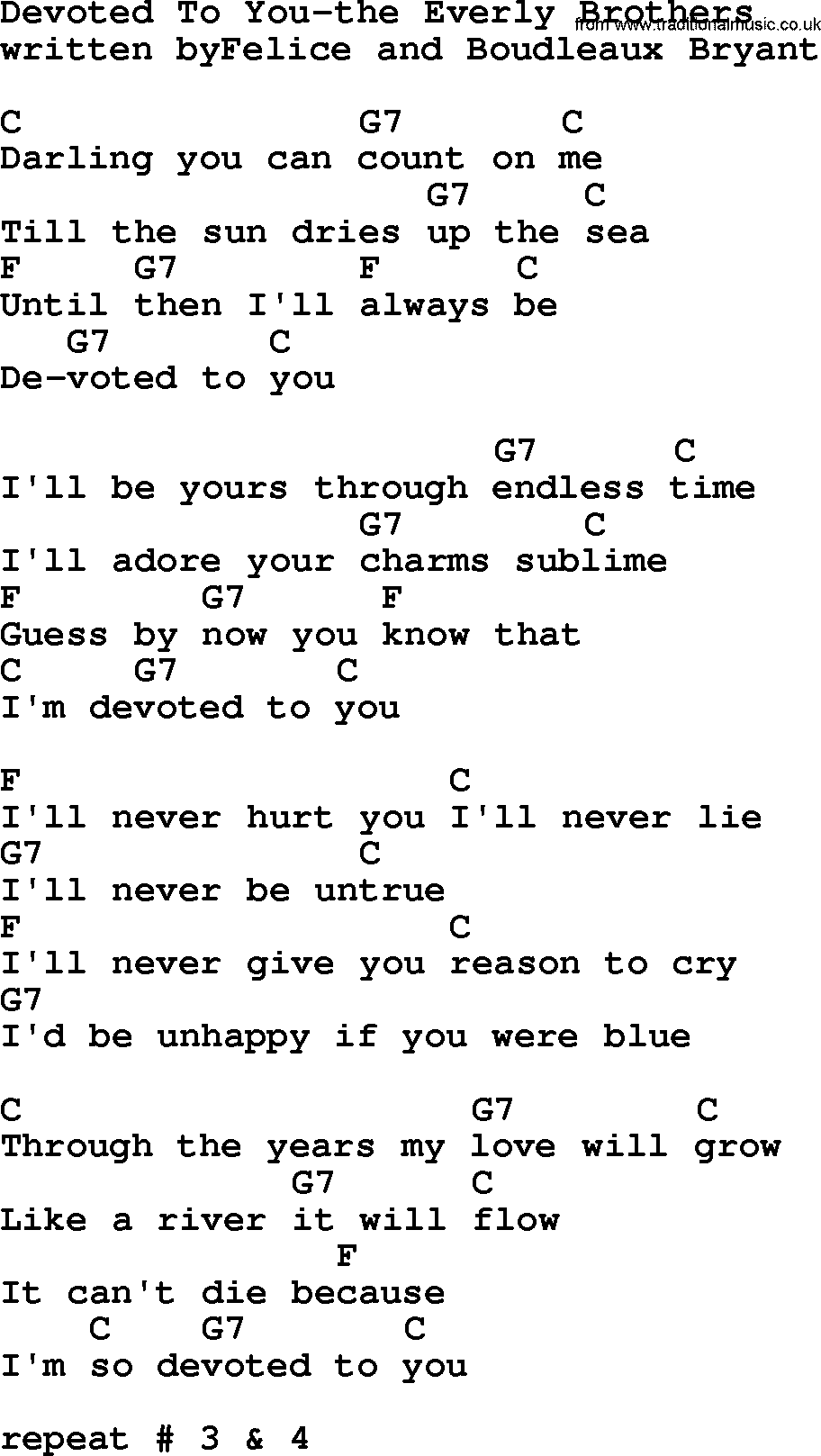 Country music song: Devoted To You-The Everly Brothers lyrics and chords