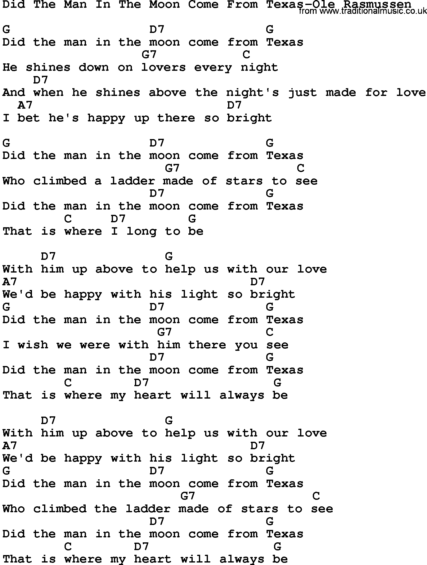 Country music song: Did The Man In The Moon Come From Texas-Ole Rasmussen lyrics and chords