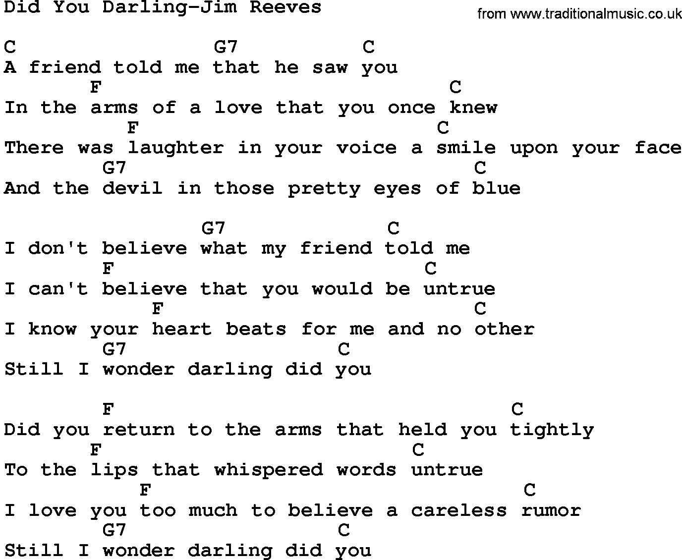 Country music song: Did You Darling-Jim Reeves lyrics and chords