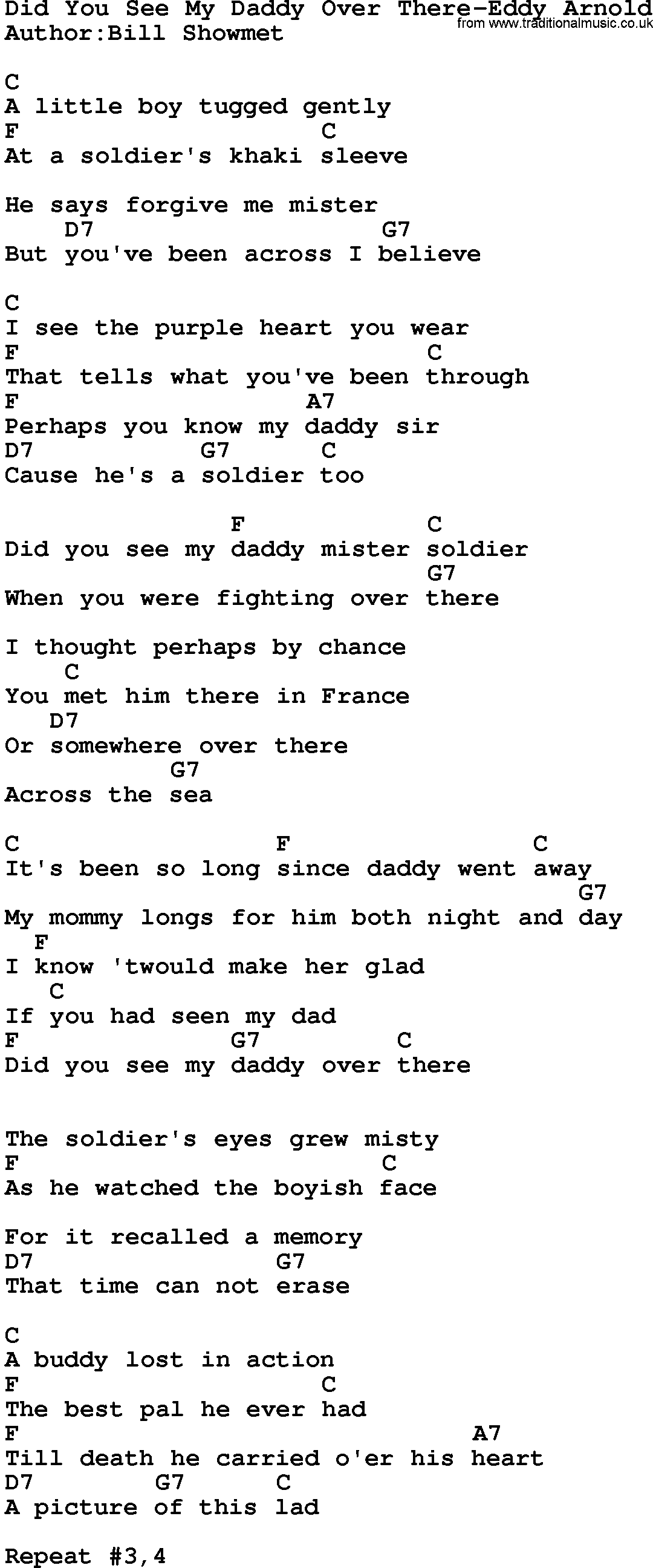 Country music song: Did You See My Daddy Over There-Eddy Arnold lyrics and chords
