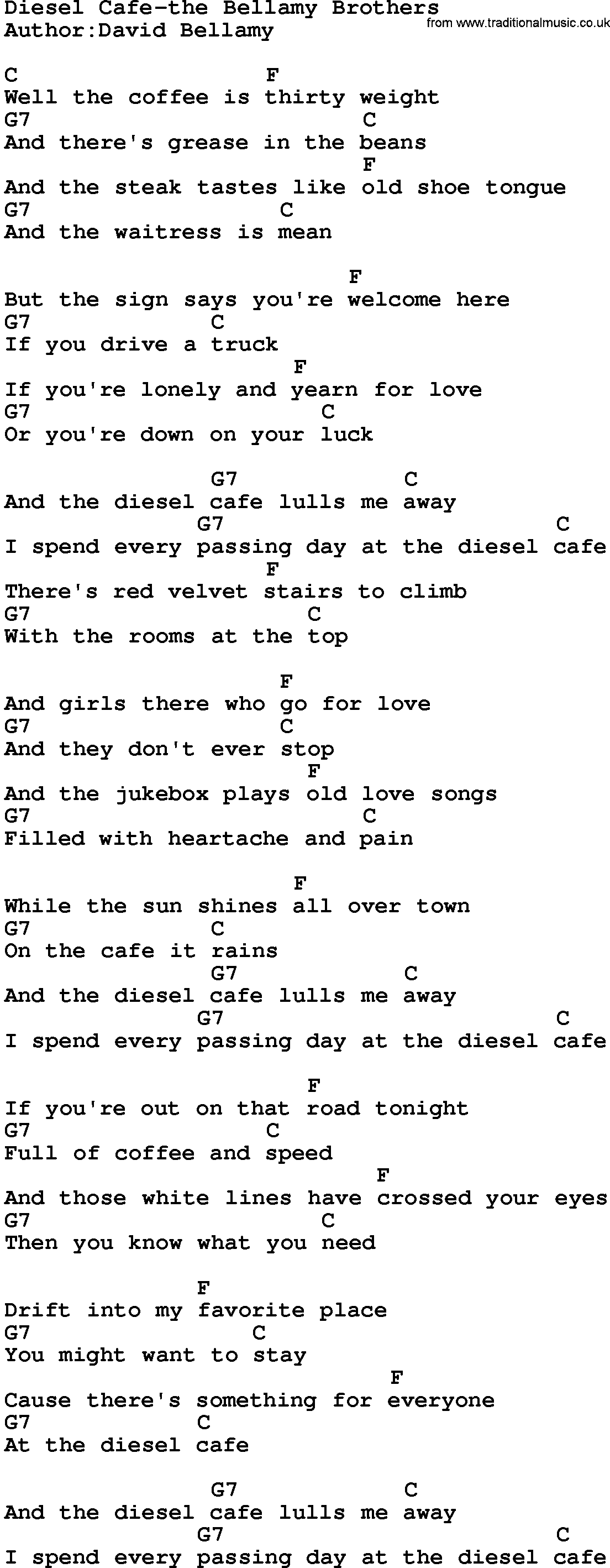 Country music song: Diesel Cafe-The Bellamy Brothers lyrics and chords