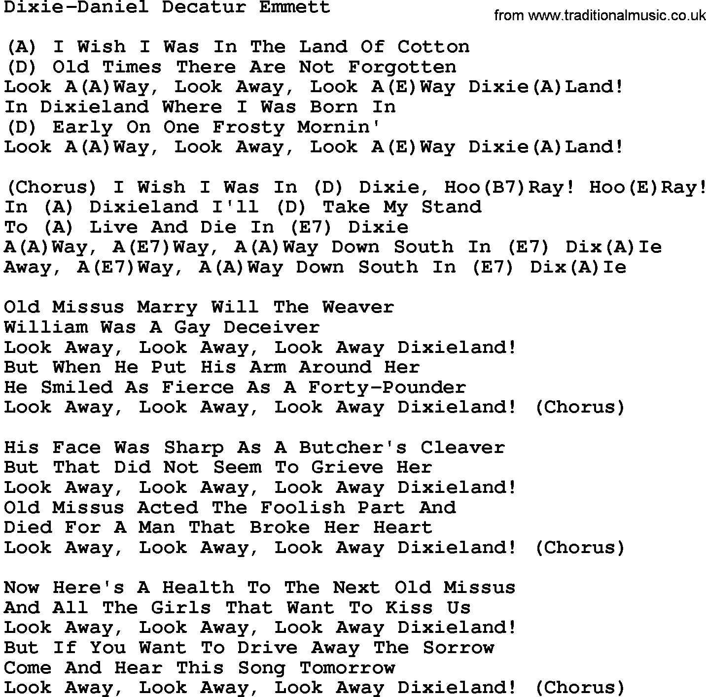 Country music song: Dixie-Daniel Decatur Emmett lyrics and chords