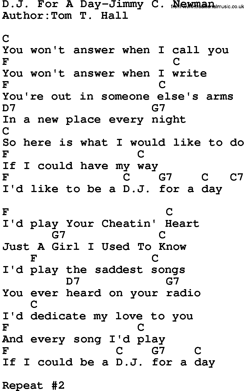 Country music song: Dj For A Day-Jimmy C Newman lyrics and chords