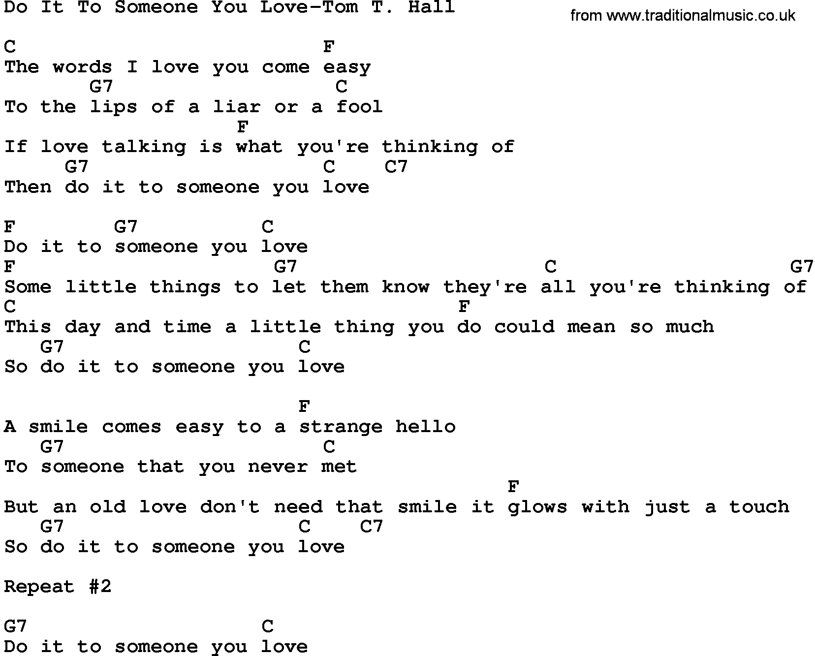 Country music song: Do It To Someone You Love-Tom T Hall lyrics and chords