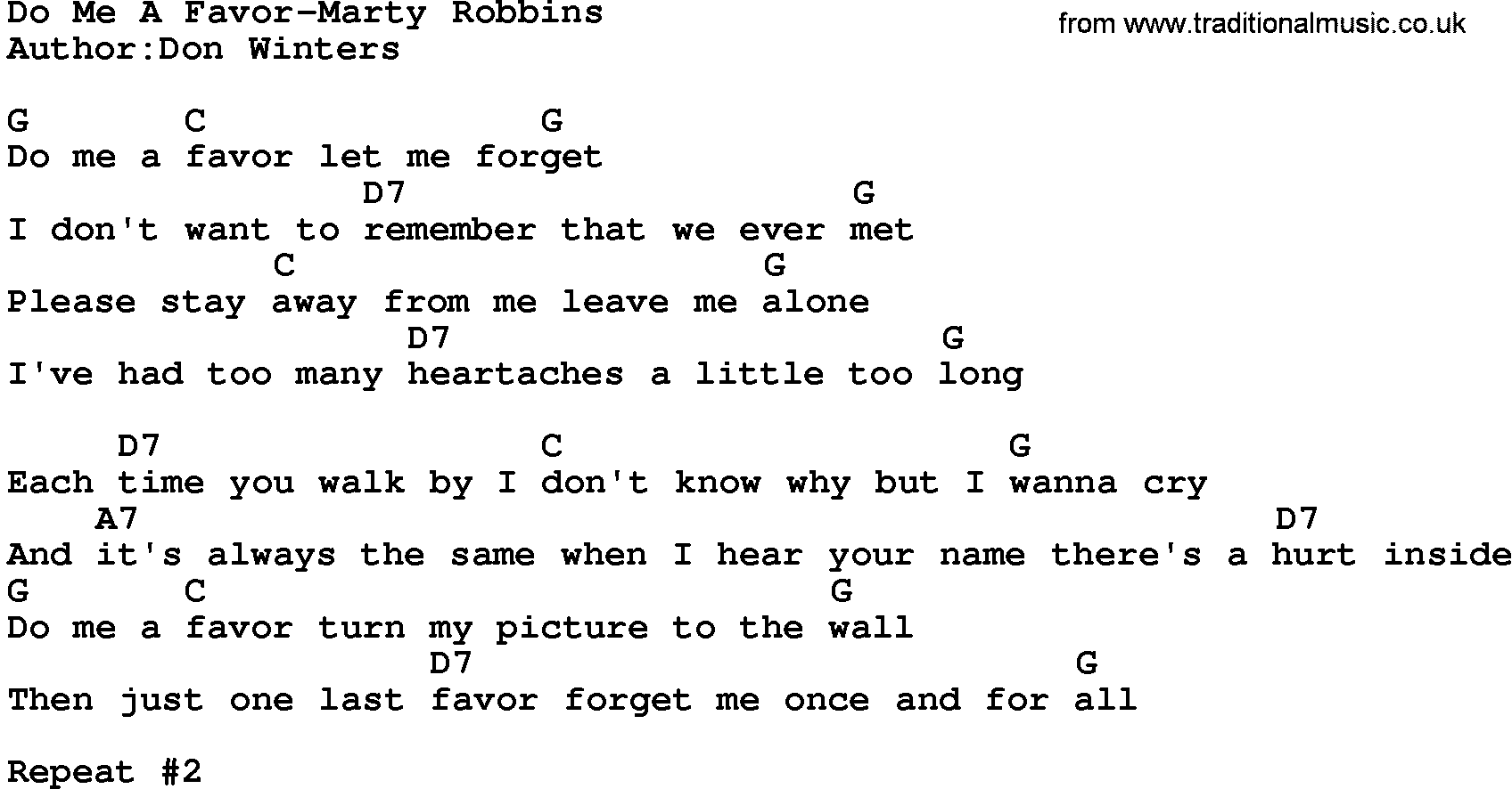 Country music song: Do Me A Favor-Marty Robbins lyrics and chords