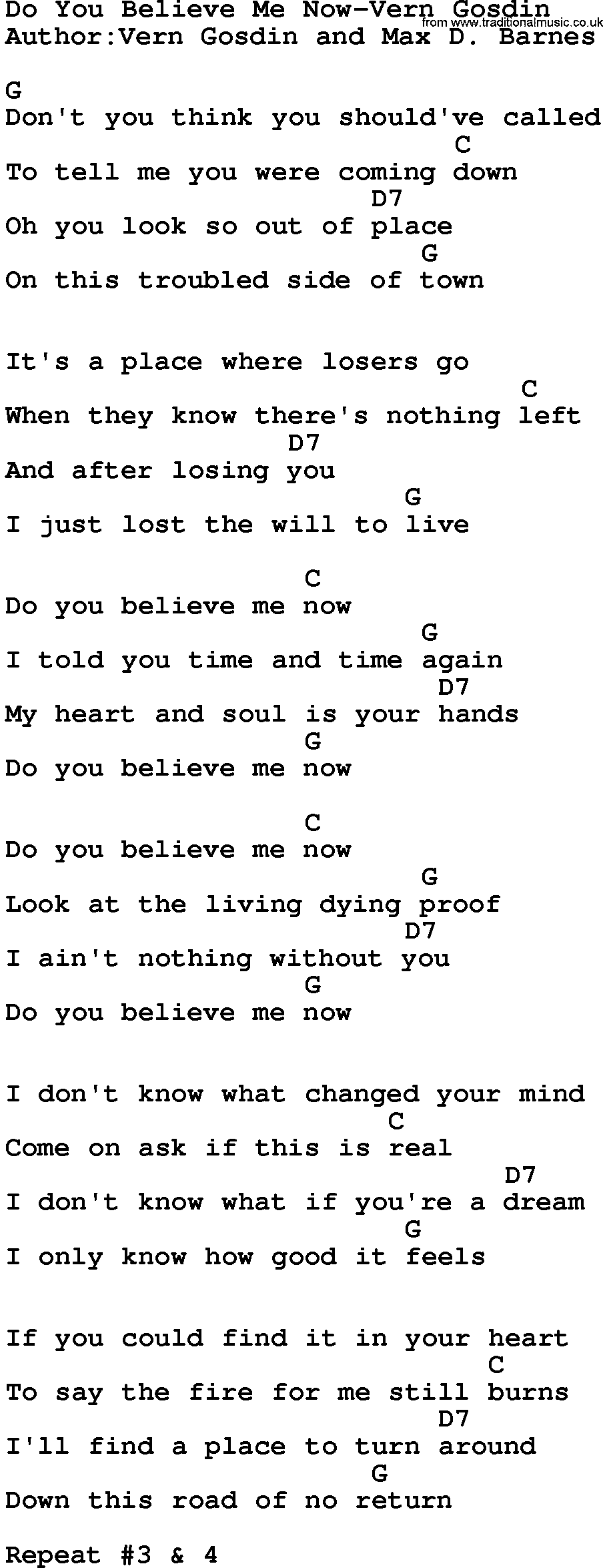 Country music song: Do You Believe Me Now-Vern Gosdin lyrics and chords