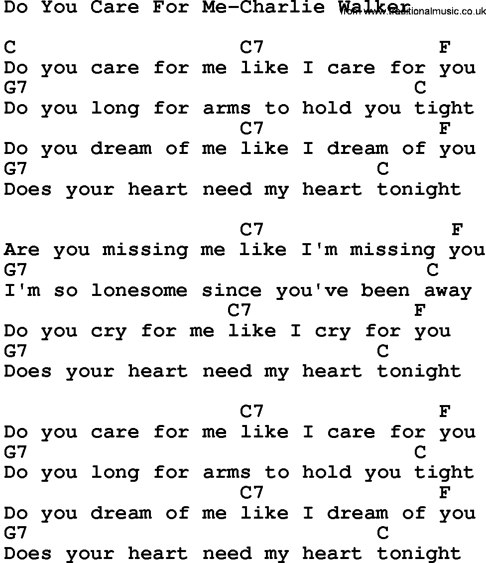 Country music song: Do You Care For Me-Charlie Walker lyrics and chords
