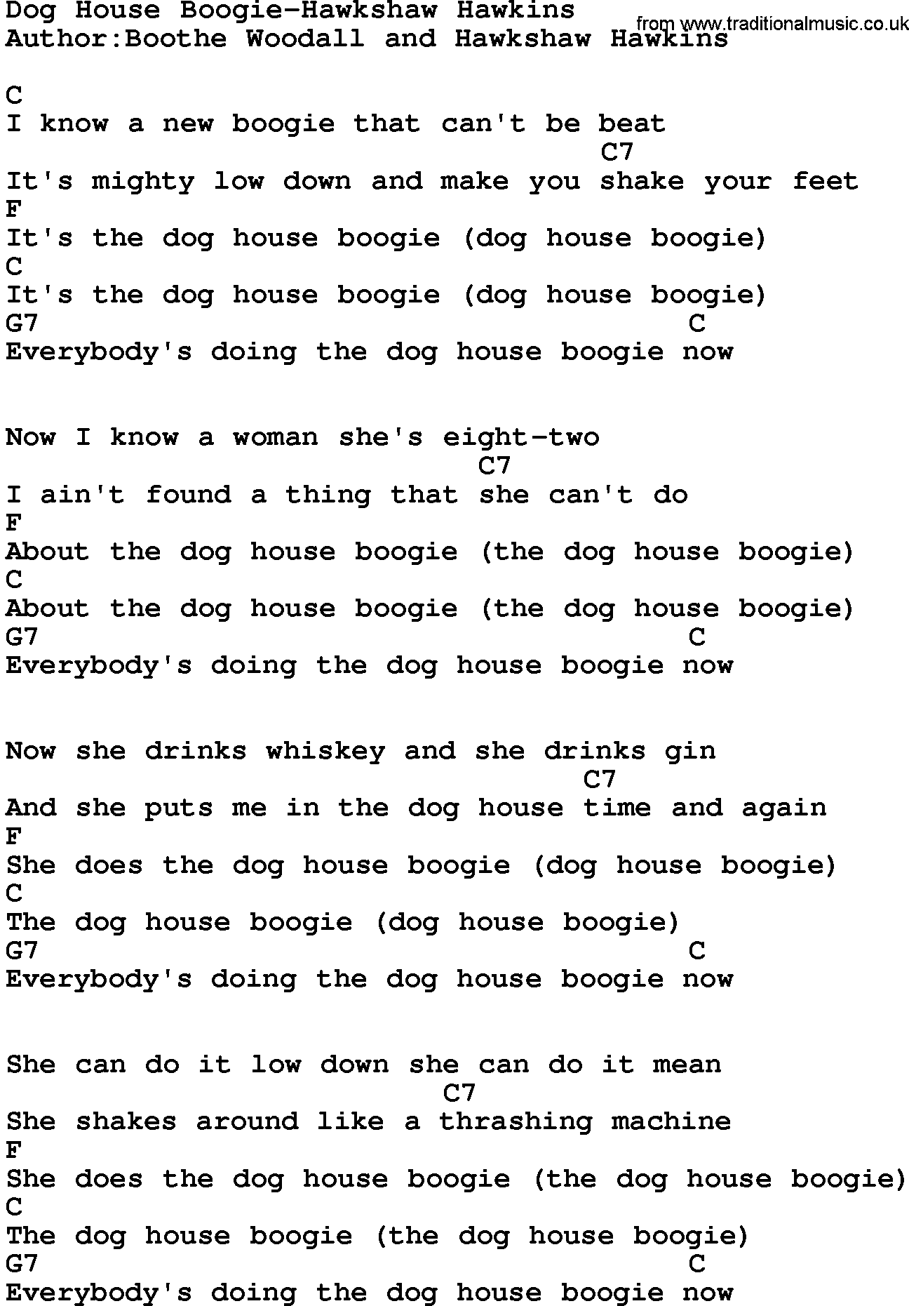 Country music song: Dog House Boogie-Hawkshaw Hawkins lyrics and chords